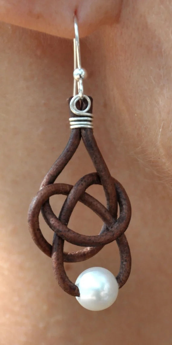 Freshwater Pearl and Leather Friendship Knot Earrings