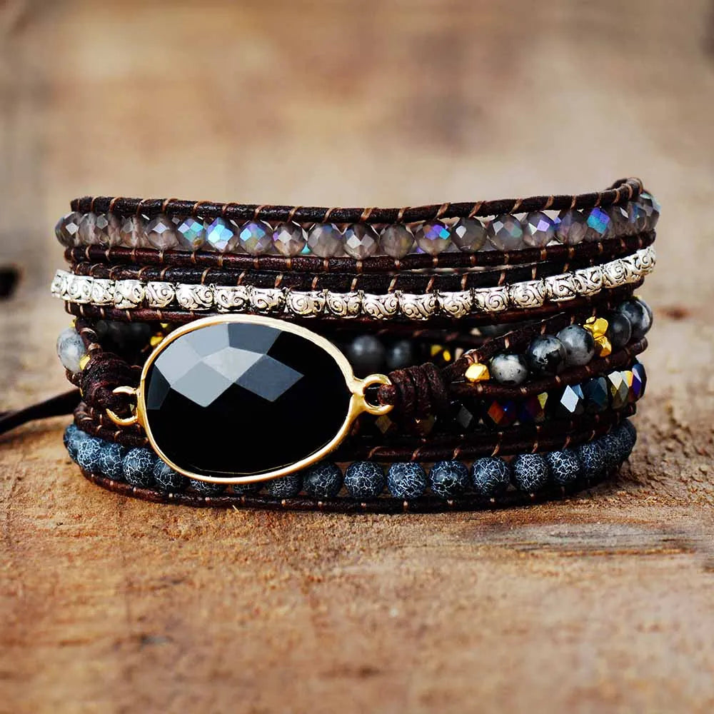 Handmade Black Onyx and Natural Stone Leather 5 Strand Wrap Bracelet