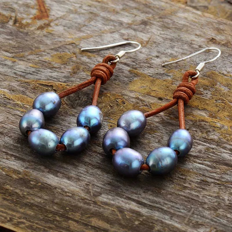 Handmade Grey Freshwater Pearl Dangling Leather Earrings