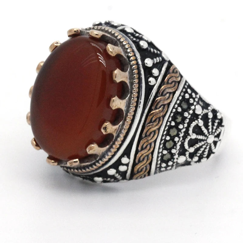 Handmade Natural Agate 925 Sterling Silver Vintage Turkish Ring