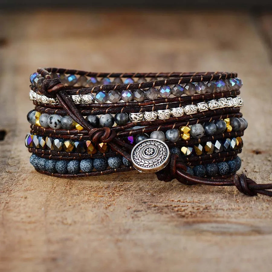 Handmade Black Onyx and Natural Stone Leather 5 Strand Wrap Bracelet