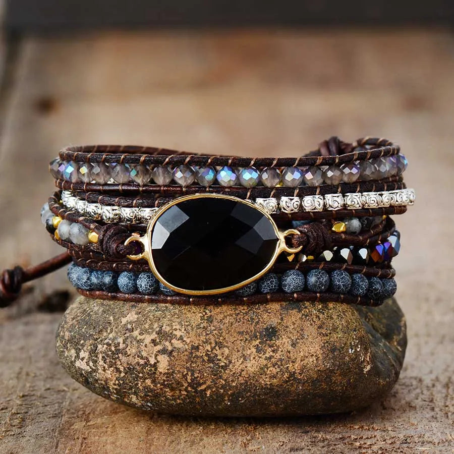Handmade Black Onyx and Natural Stone Leather 5 Strand Wrap Bracelet