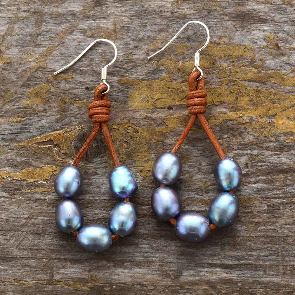 Handmade Grey Freshwater Pearl Dangling Leather Earrings