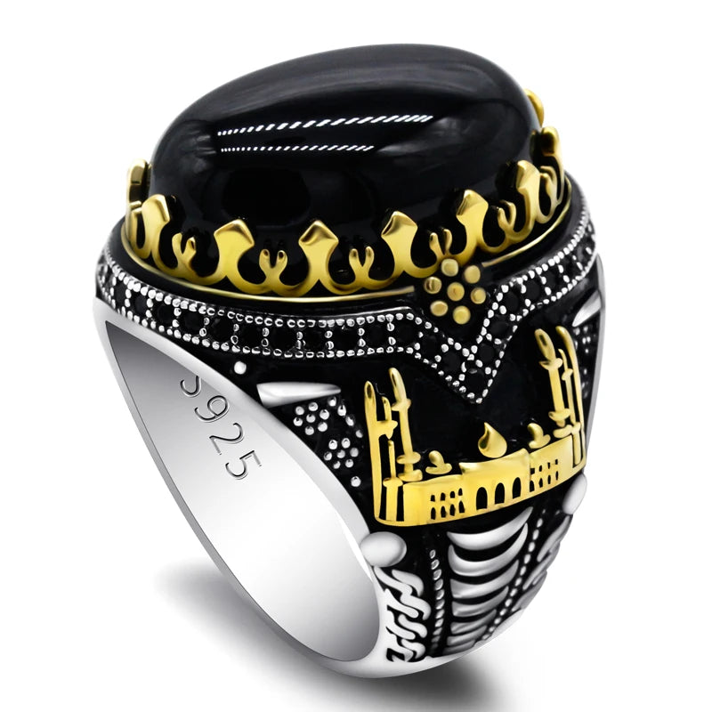 Handmade Natural Black Agate Real 925 Sterling Silver Turkish Signet Ring