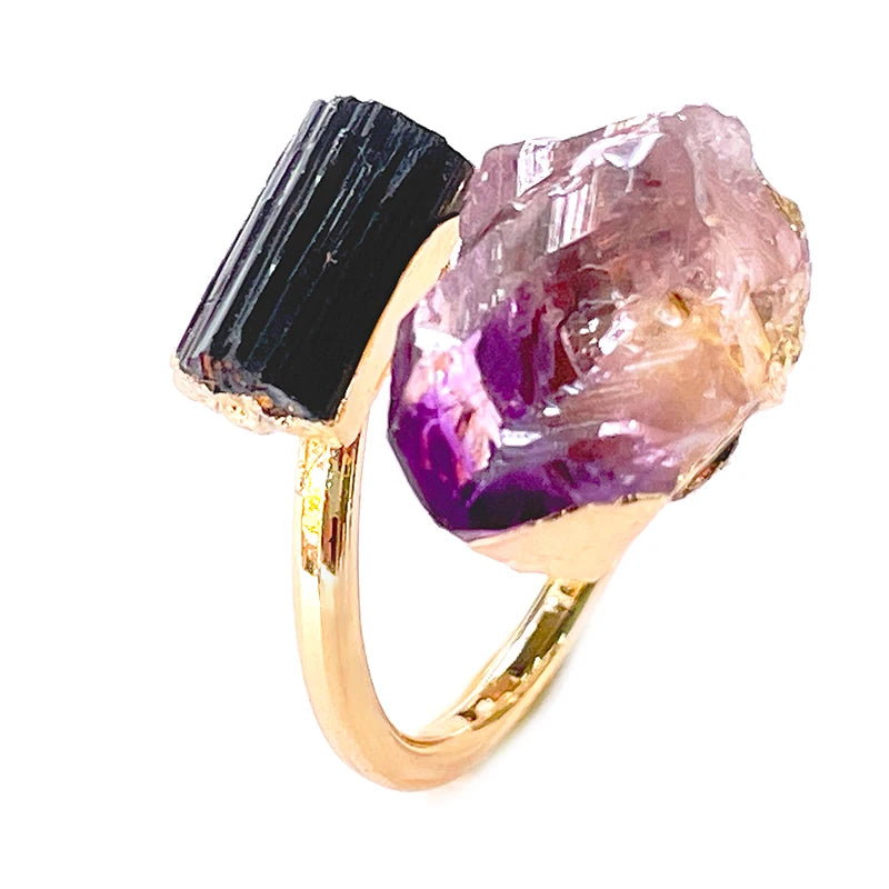 Natural Raw Amethyst and Black Tourmaline Adjustable Ring