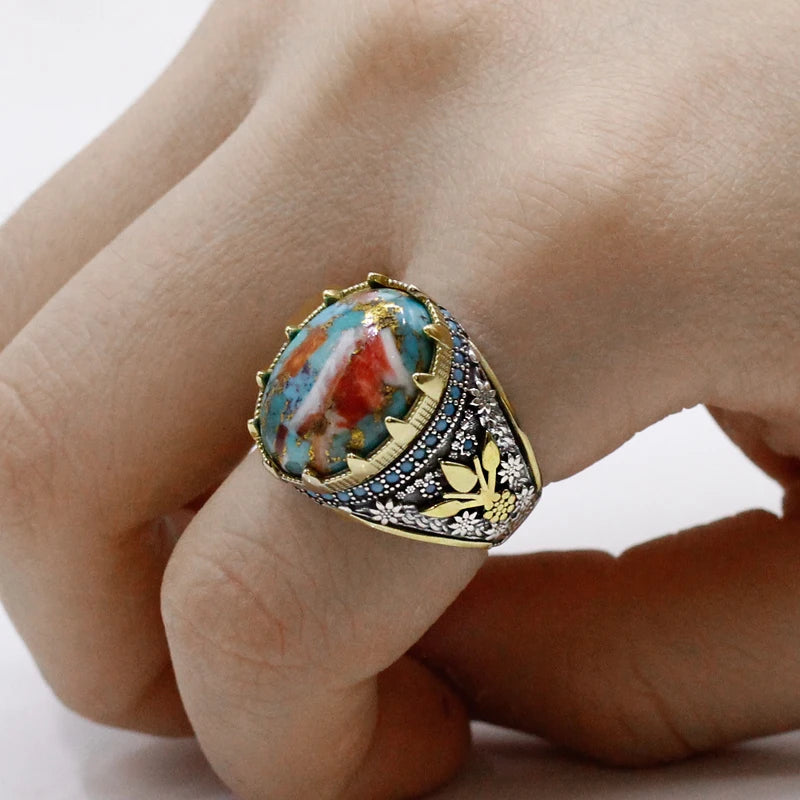 Handmade Turkish Natural Oyster Turquoise S925 Sterling Silver Vintage Ring