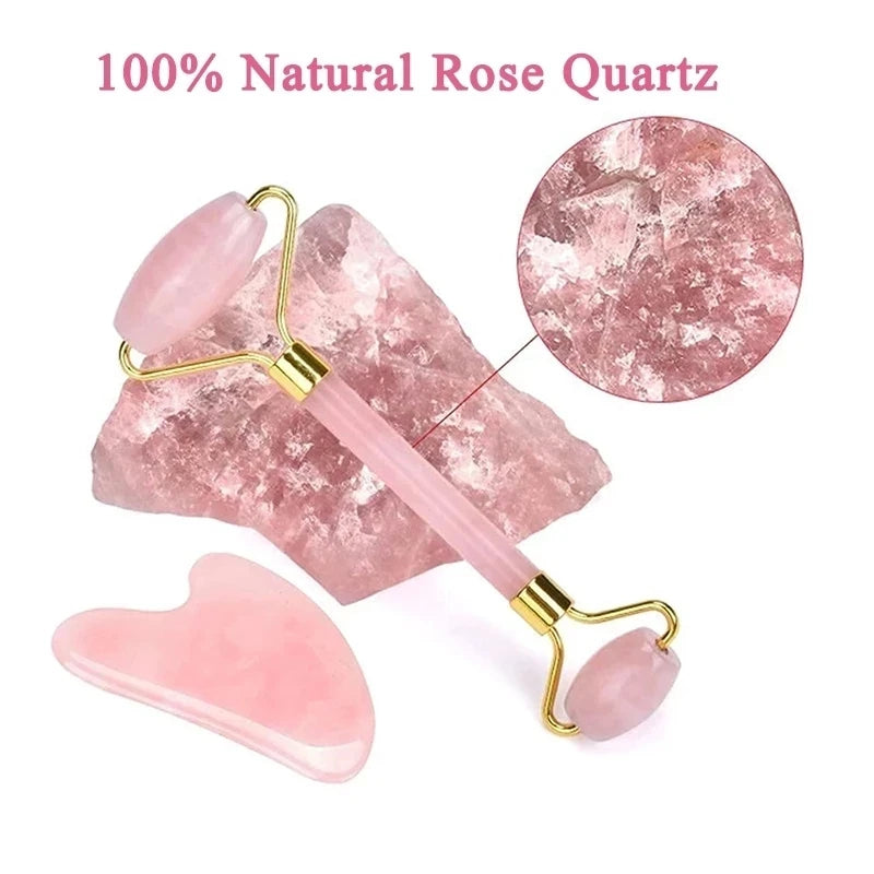 100% Natural Rose Quartz Jade Roller & Gua Sha Anti Aging Tools