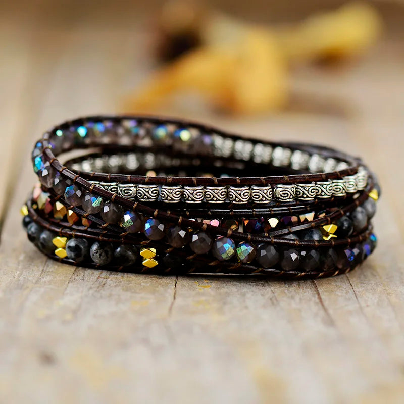 Handmade Black Onyx and Natural Stone Leather 5 Strand Wrap Bracelet