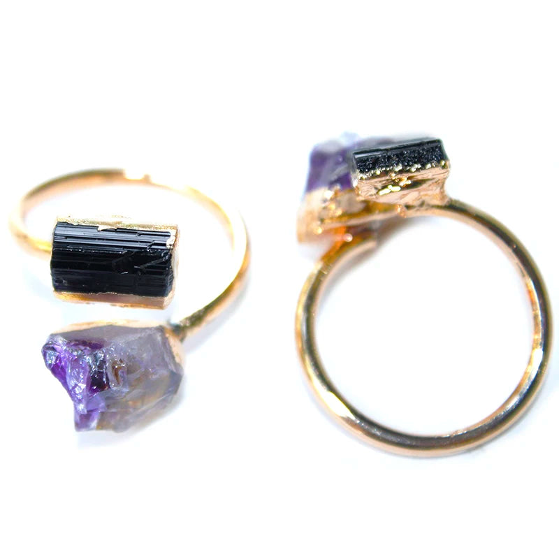 Natural Raw Amethyst and Black Tourmaline Adjustable Ring