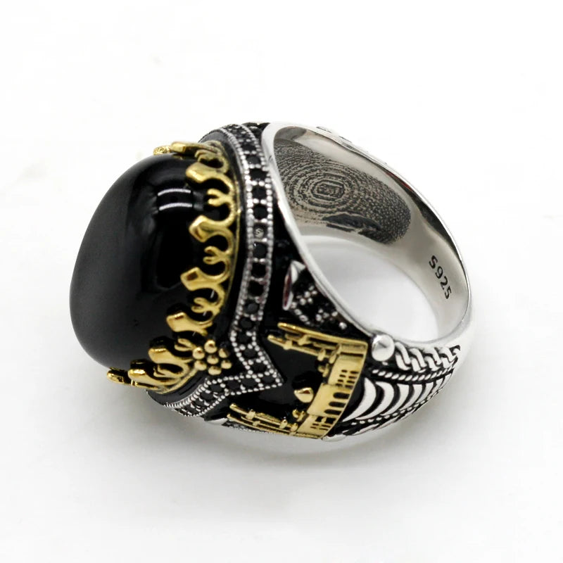Handmade Natural Black Agate Real 925 Sterling Silver Turkish Signet Ring