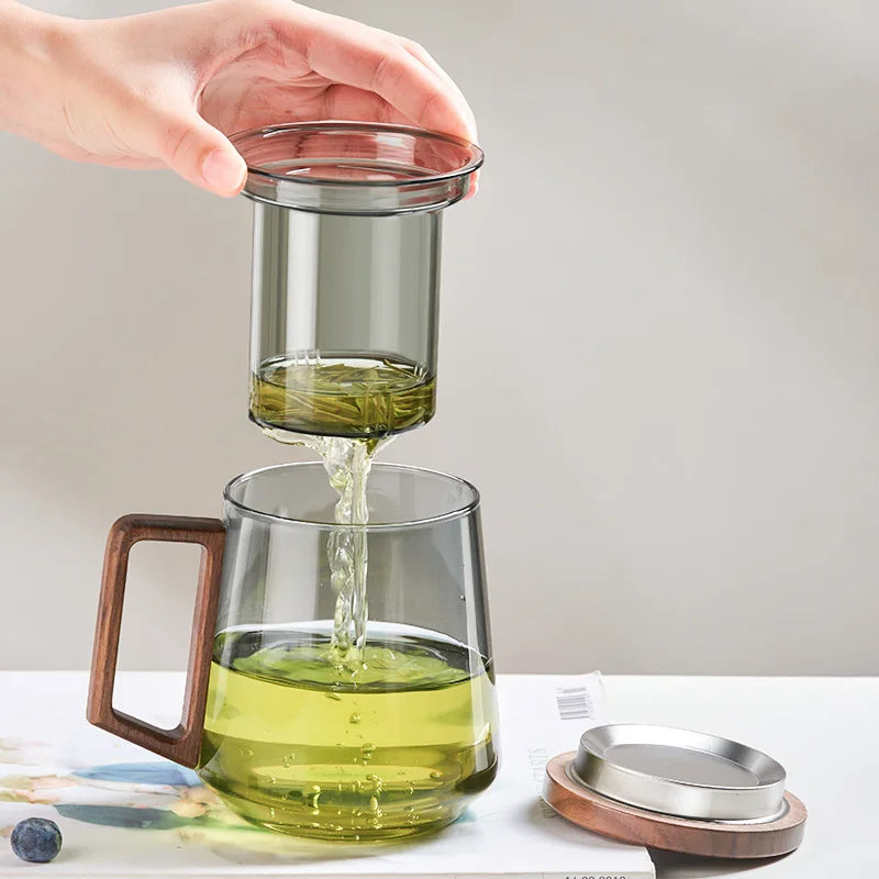 Heat Resistant Wooden Handled Glass Tea Cup Set