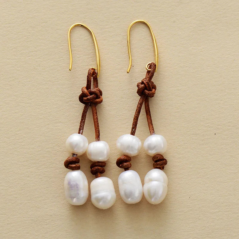 Handmade Freshwater Pearl and Leather Dangling Drop Earrings
