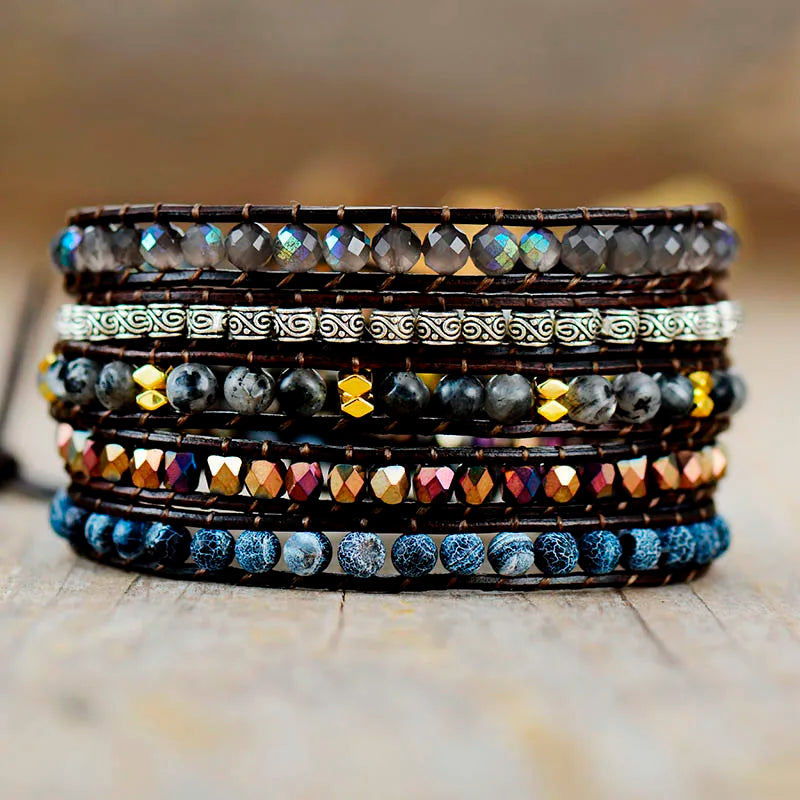 Handmade Black Onyx and Natural Stone Leather 5 Strand Wrap Bracelet