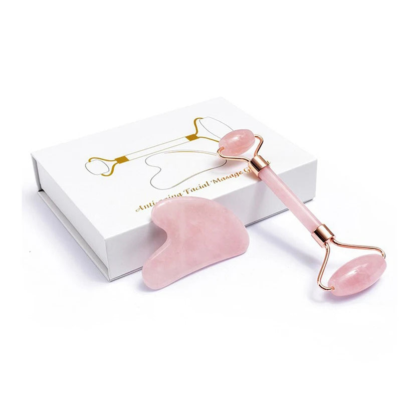 100% Natural Rose Quartz Jade Roller & Gua Sha Anti Aging Tools