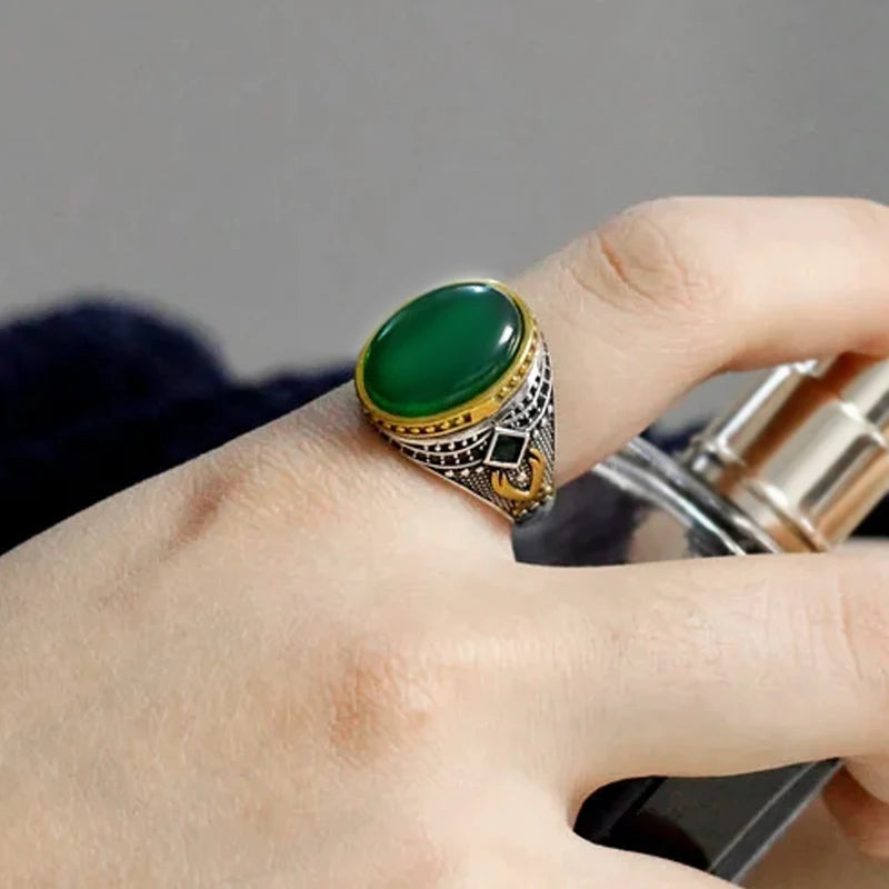 Handmade Green Agate 925 Sterling Silver Vintage Turkish Signet Ring