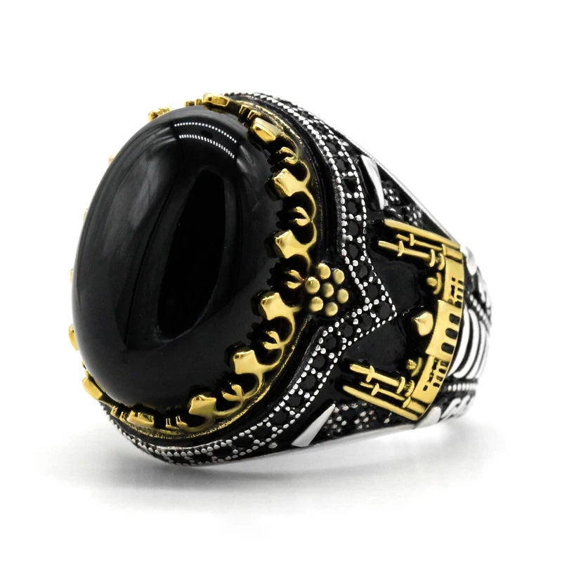 Handmade Natural Black Agate Real 925 Sterling Silver Turkish Signet Ring