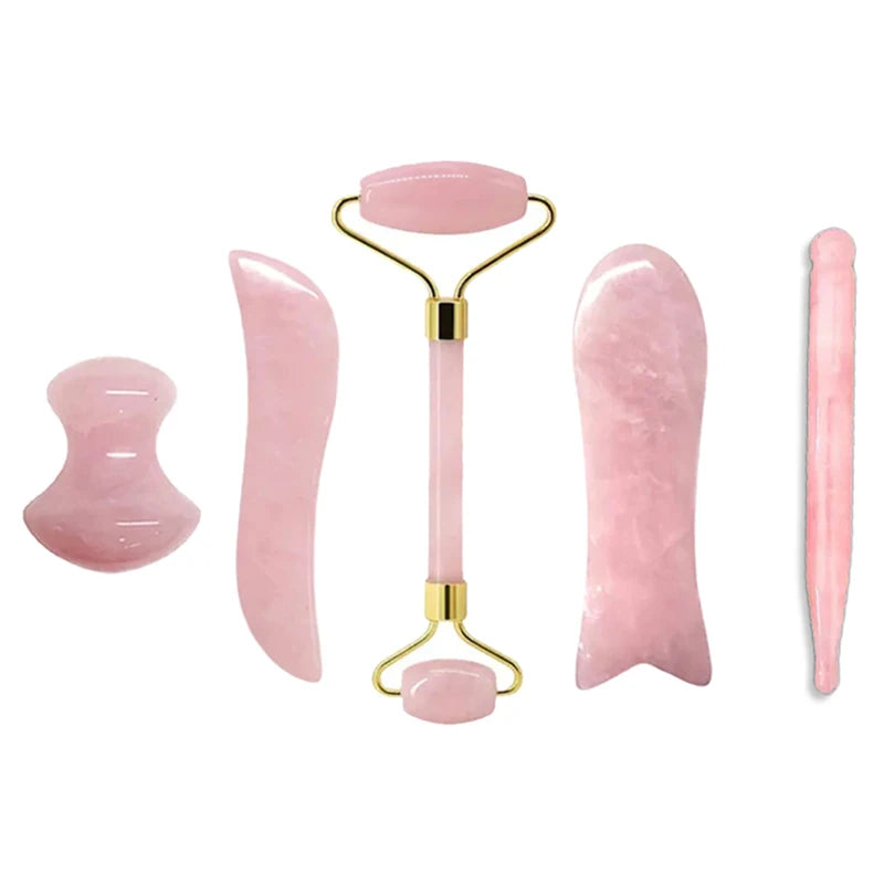 100% Natural Rose Quartz Jade Roller & Gua Sha Anti Aging Tools