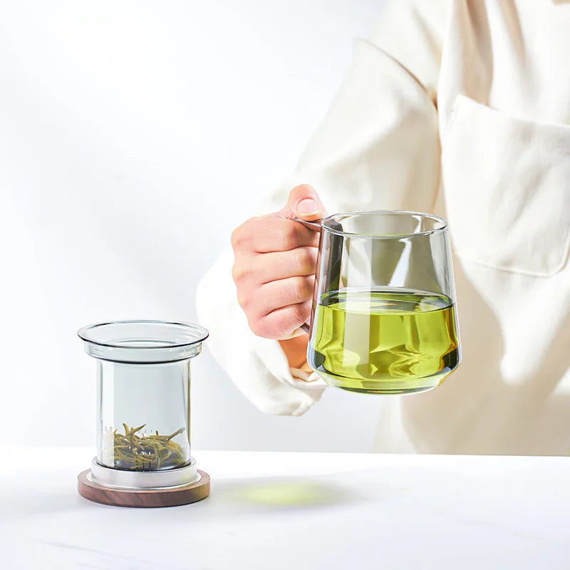 Heat Resistant Wooden Handled Glass Tea Cup Set