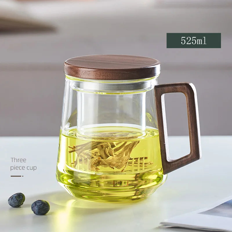 Heat Resistant Wooden Handled Glass Tea Cup Set