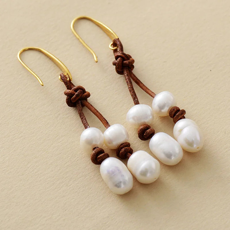 Handmade Freshwater Pearl and Leather Dangling Drop Earrings