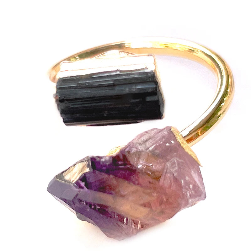 Natural Raw Amethyst and Black Tourmaline Adjustable Ring