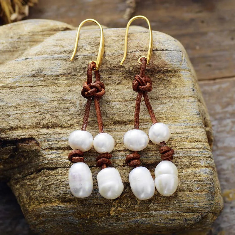 Handmade Freshwater Pearl and Leather Dangling Drop Earrings