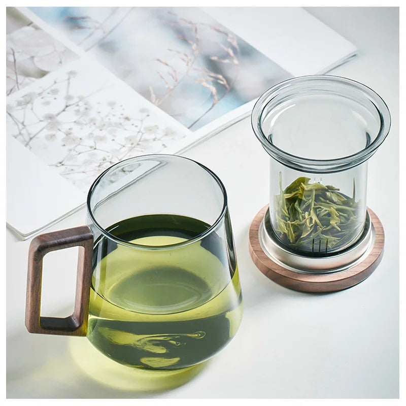 Heat Resistant Wooden Handled Glass Tea Cup Set