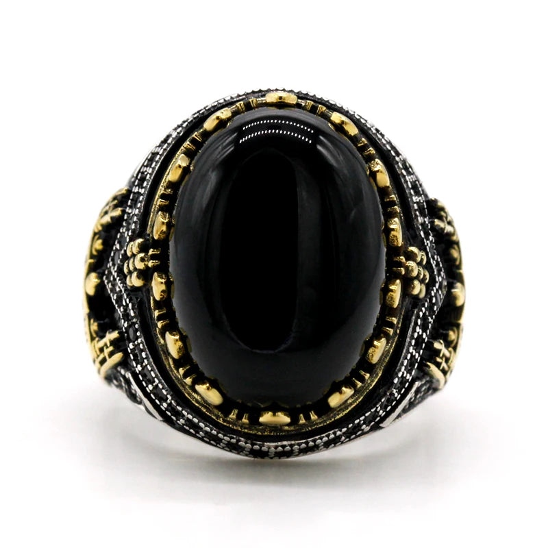 Handmade Natural Black Agate Real 925 Sterling Silver Turkish Signet Ring
