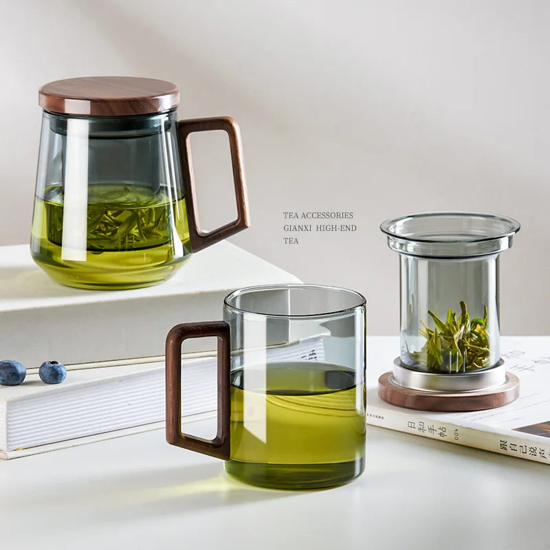 Heat Resistant Wooden Handled Glass Tea Cup Set