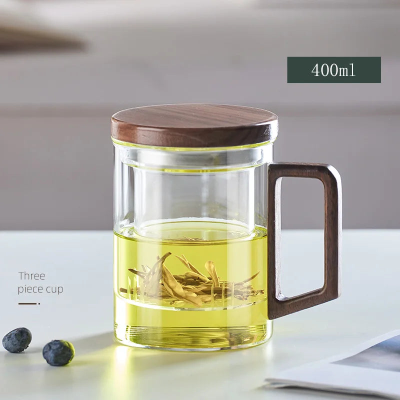 Heat Resistant Wooden Handled Glass Tea Cup Set