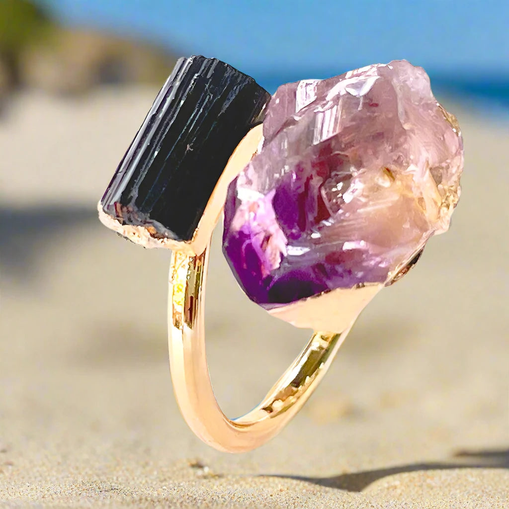 Natural Raw Amethyst and Black Tourmaline Adjustable Ring