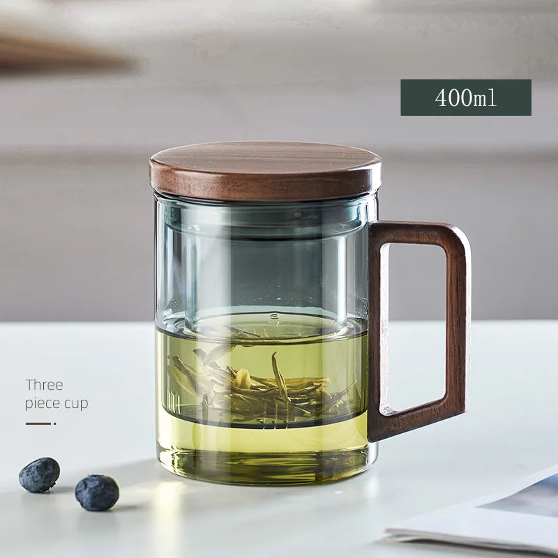 Heat Resistant Wooden Handled Glass Tea Cup Set