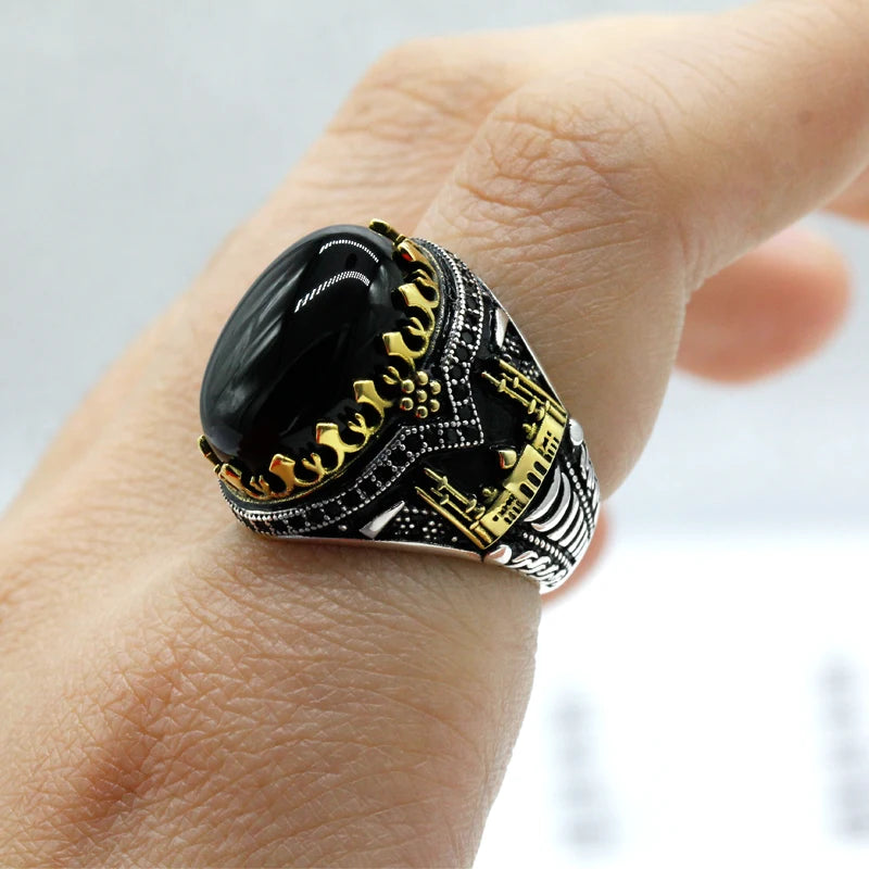 Handmade Natural Black Agate Real 925 Sterling Silver Turkish Signet Ring