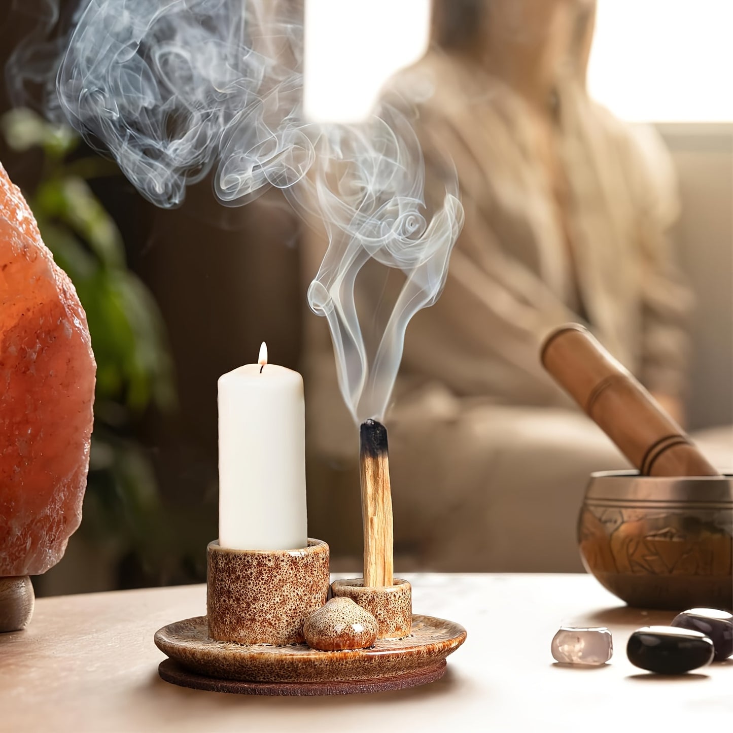 4-in-1 Ceramic Incense Burner Holder – Palo Santo & Sage Smudge Stand with Stick & Candle Holder