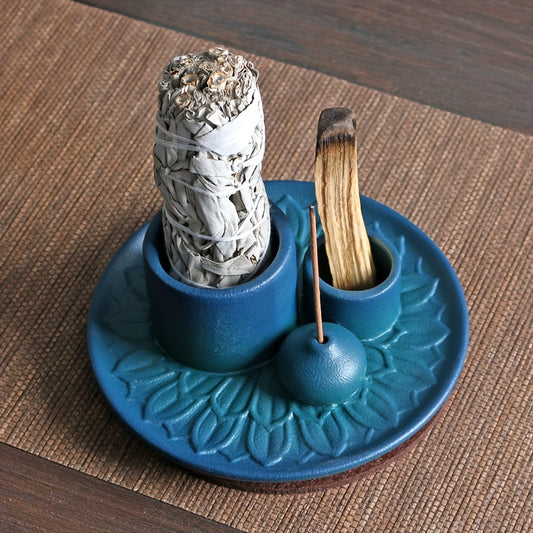 4-in-1 Ceramic Incense Burner Holder – Palo Santo & Sage Smudge Stand with Stick & Candle Holder