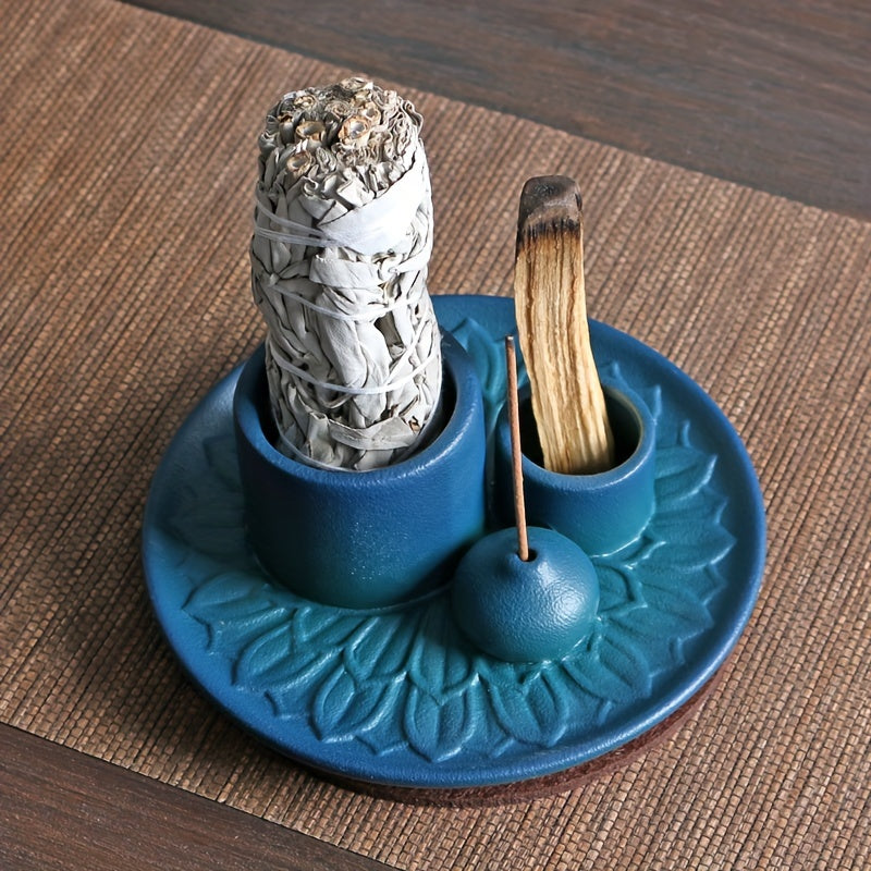 4-in-1 Ceramic Incense Burner Holder – Palo Santo & Sage Smudge Stand with Stick & Candle Holder