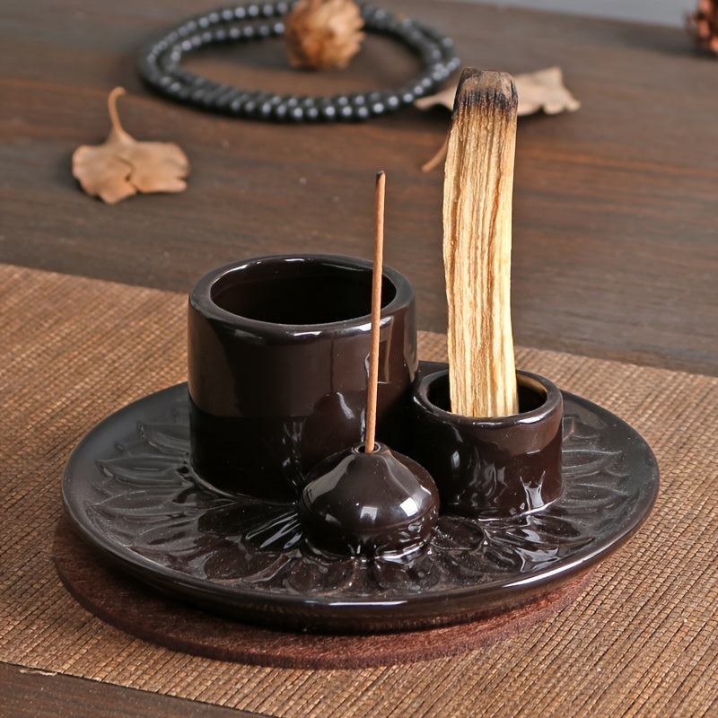 4-in-1 Ceramic Incense Burner Holder – Palo Santo & Sage Smudge Stand with Stick & Candle Holder
