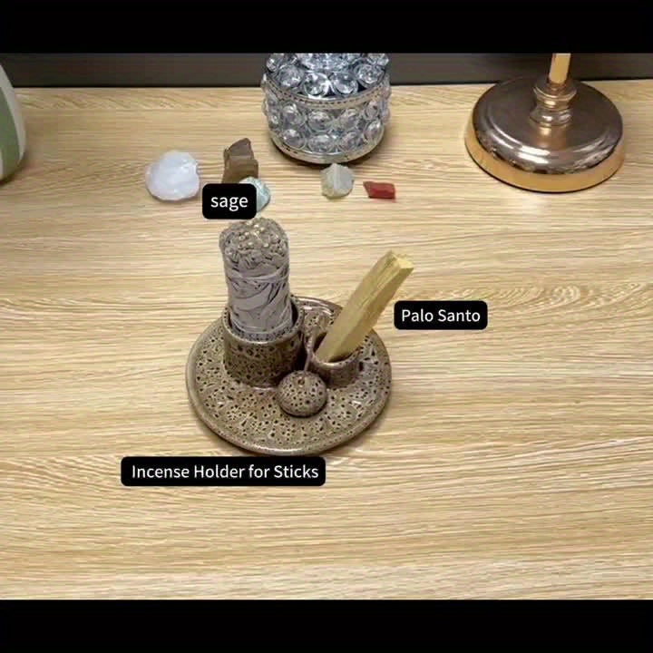 4-in-1 Ceramic Incense Burner Holder – Palo Santo & Sage Smudge Stand with Stick & Candle Holder