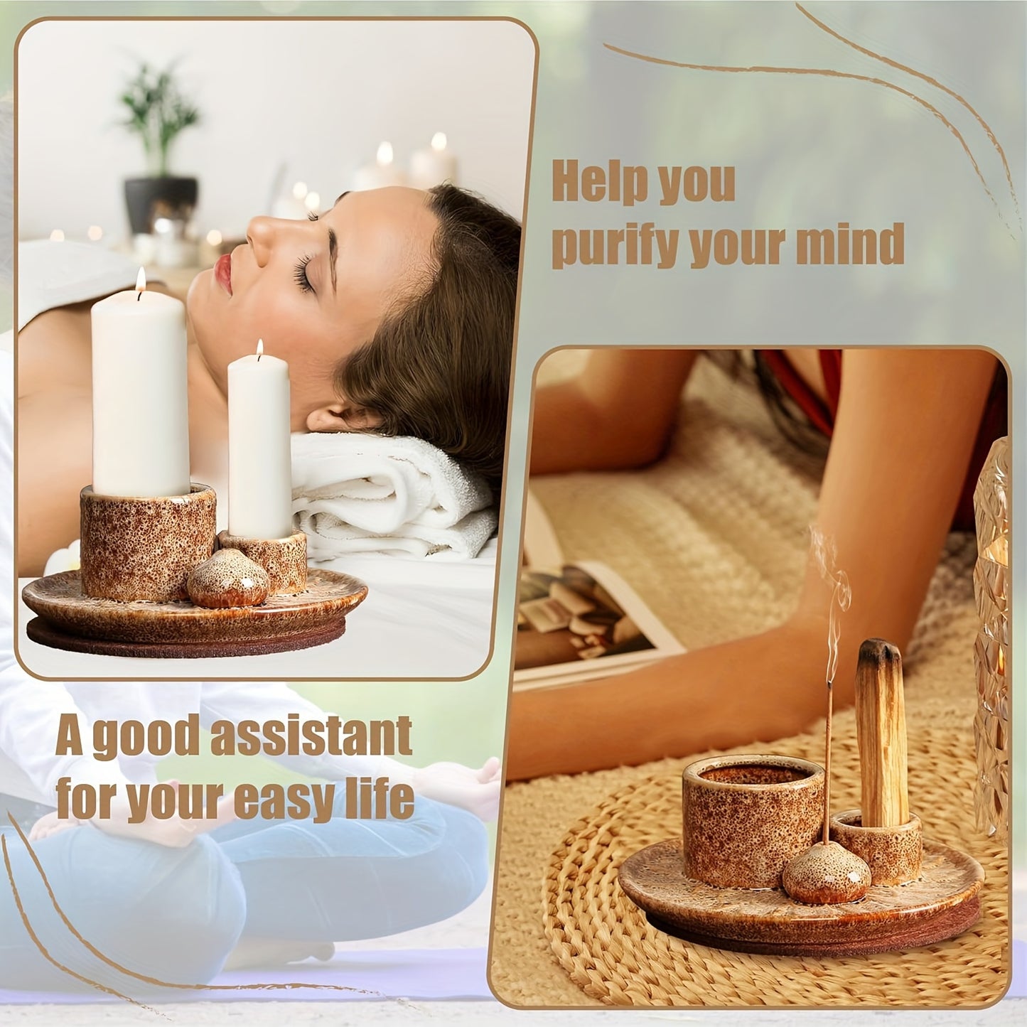 4-in-1 Ceramic Incense Burner Holder – Palo Santo & Sage Smudge Stand with Stick & Candle Holder