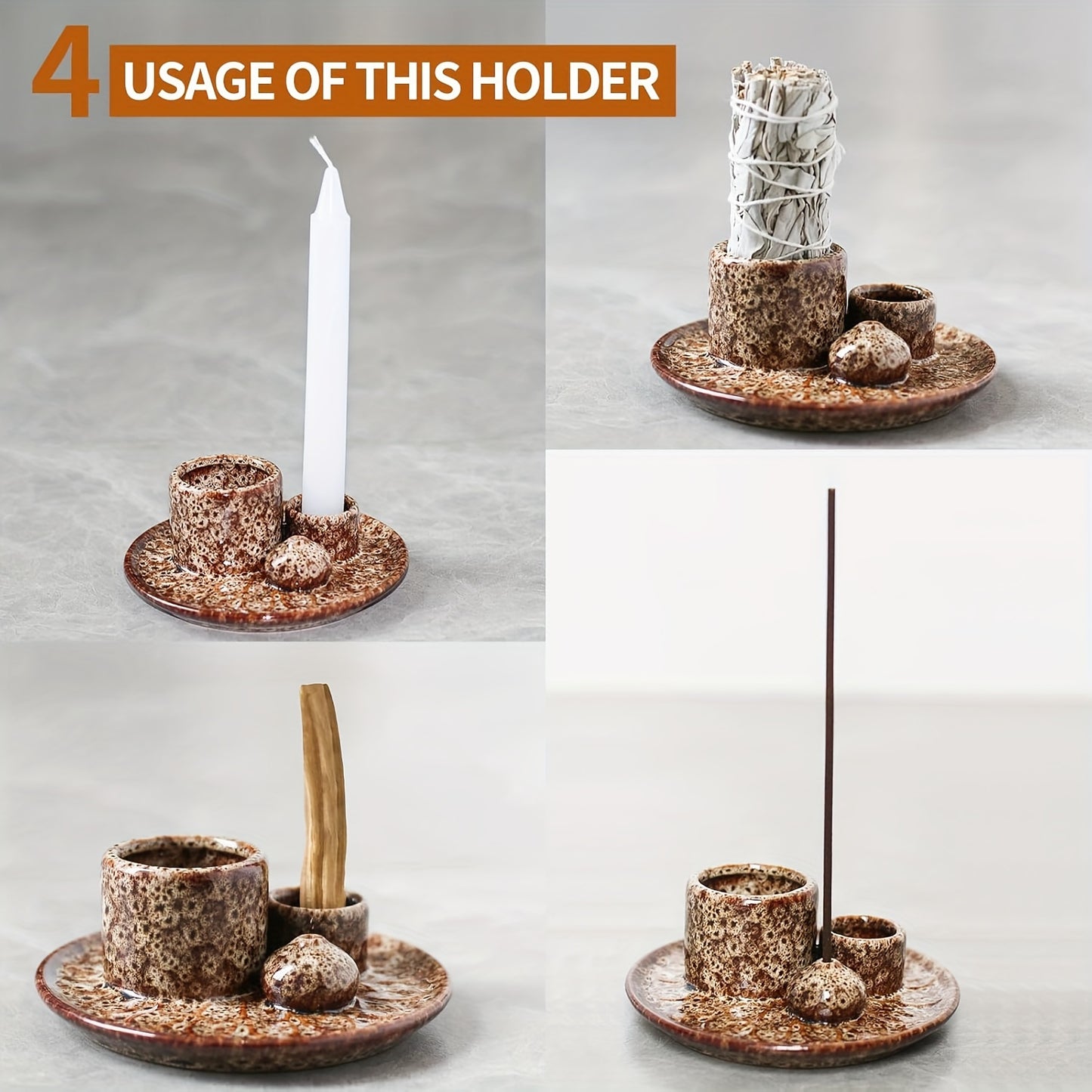 4-in-1 Ceramic Incense Burner Holder – Palo Santo & Sage Smudge Stand with Stick & Candle Holder