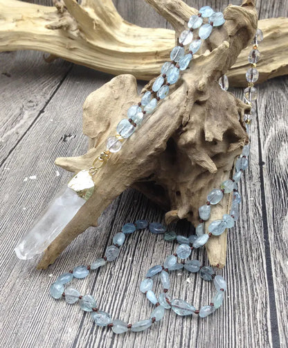 Handmade Natural Quartz Pendant with Aquamarine Stone Beads Necklace