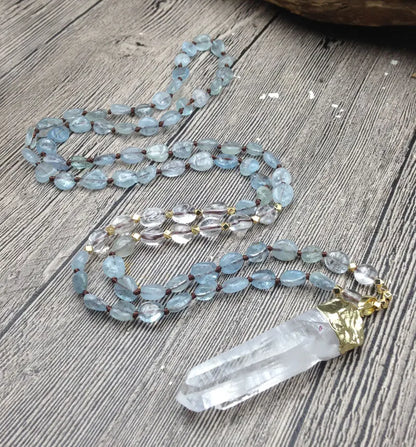Handmade Natural Quartz Pendant with Aquamarine Stone Beads Necklace