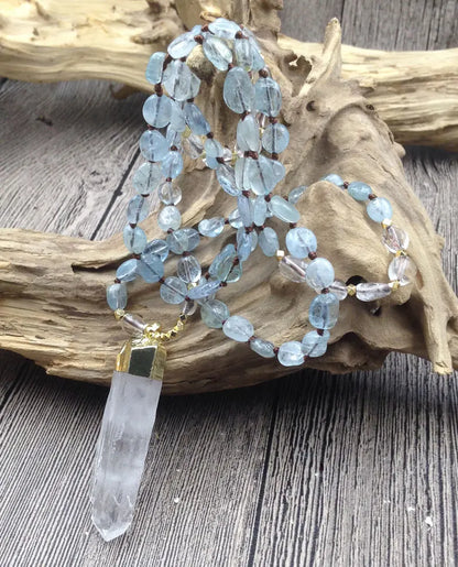 Handmade Natural Quartz Pendant with Aquamarine Stone Beads Necklace