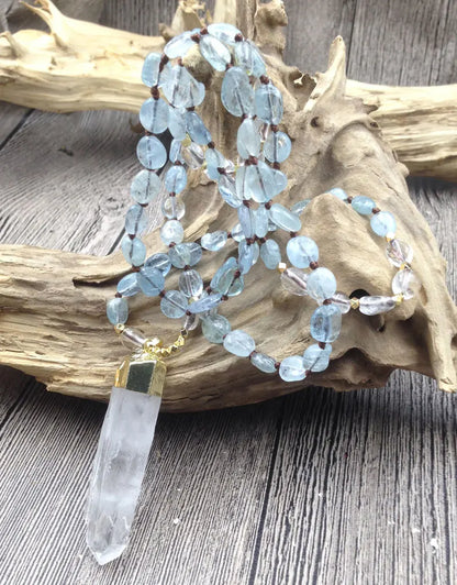 Handmade Natural Quartz Pendant with Aquamarine Stone Beads Necklace