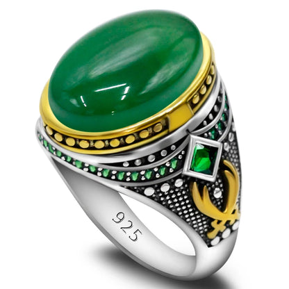 Handmade Green Agate 925 Sterling Silver Vintage Turkish Signet Ring
