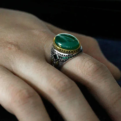 Handmade Green Agate 925 Sterling Silver Vintage Turkish Signet Ring