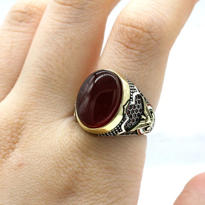 Handmade Turkish S925 Sterling Silver Red Agate Vintage Signet Ring