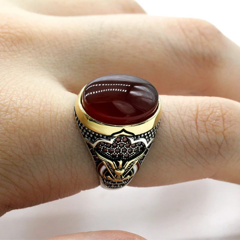 Handmade Turkish S925 Sterling Silver Red Agate Vintage Signet Ring