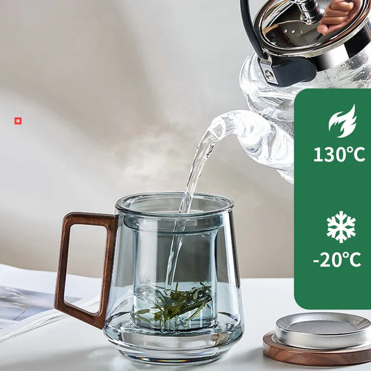 Heat Resistant Wooden Handled Glass Tea Cup Set