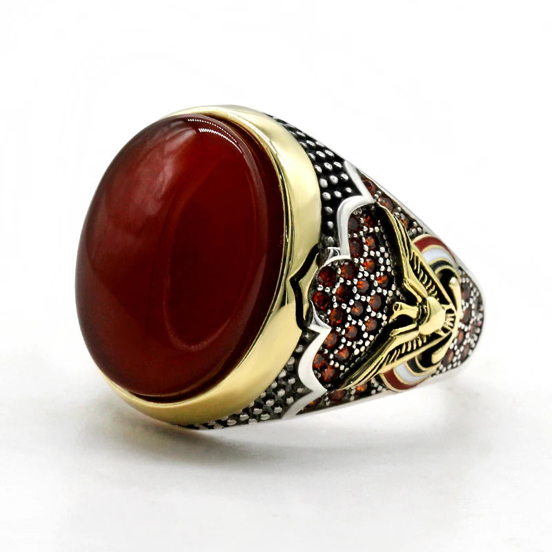 Handmade Turkish S925 Sterling Silver Red Agate Vintage Signet Ring